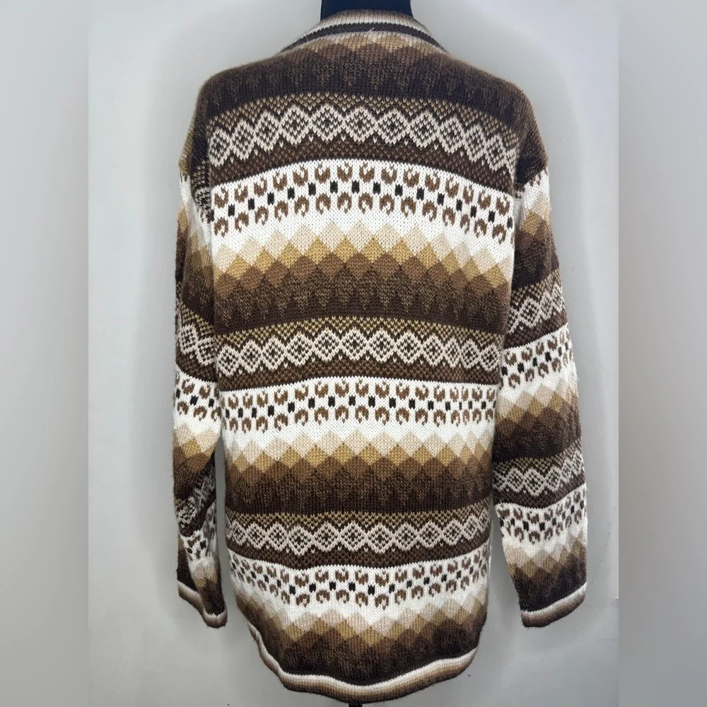 100% Alpaca Hand Knit Geometric Zip Up Sweater With Pockets Size Large - Picture 4 of 6